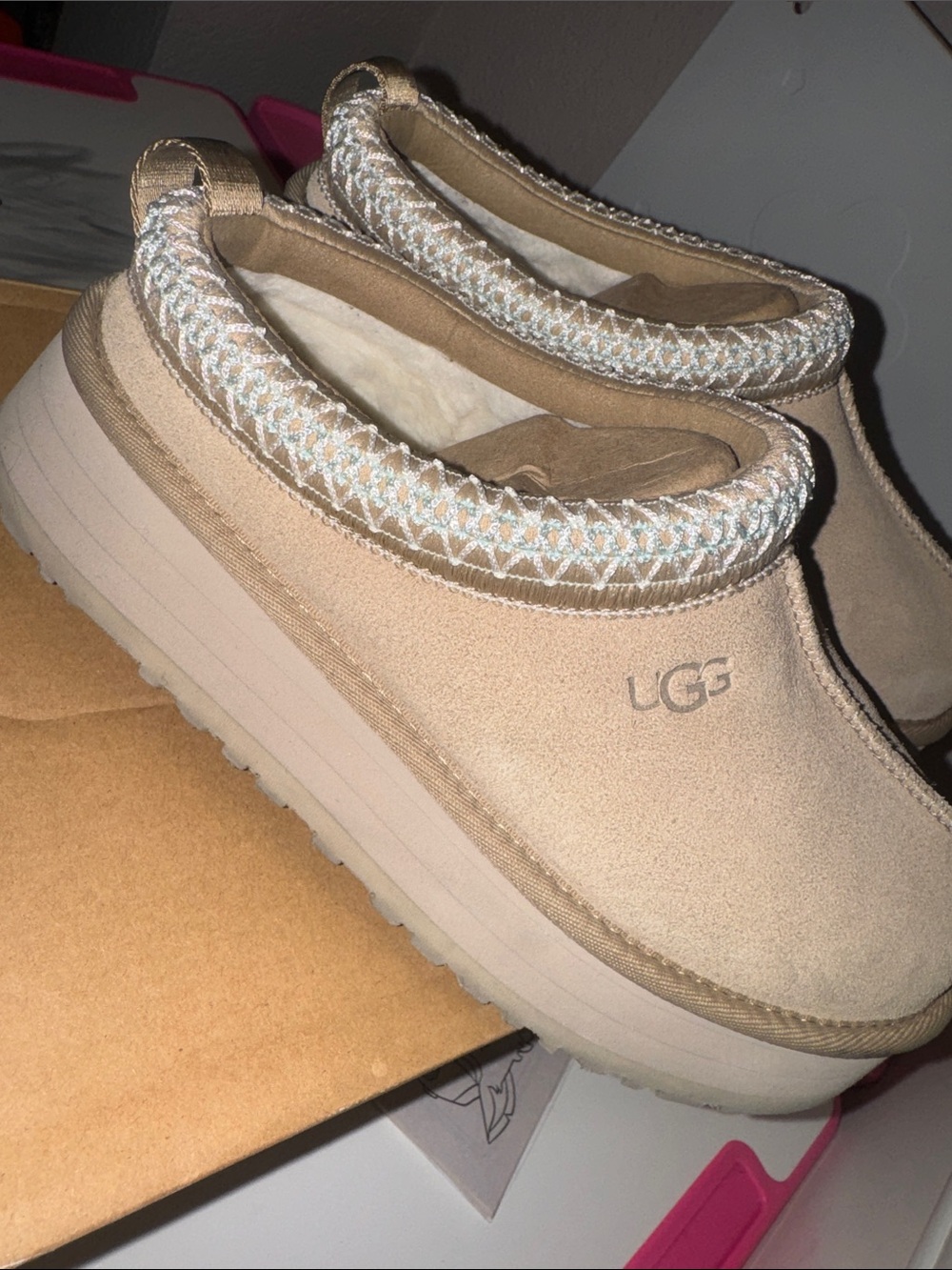 UGG Women's Beige Suede Platform Clog Mules